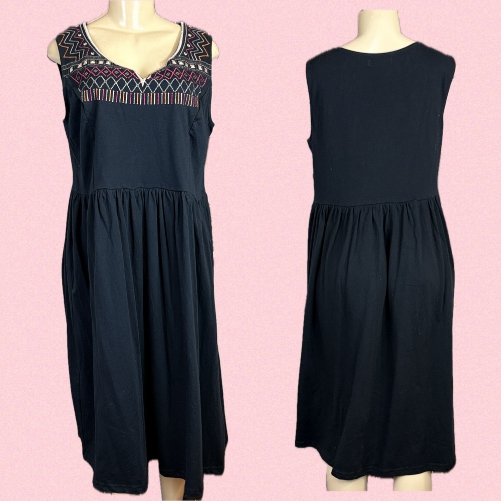 Taillissime La Redoute 14W Black Embroidered Cotton Sleeveless Below Knee Dress